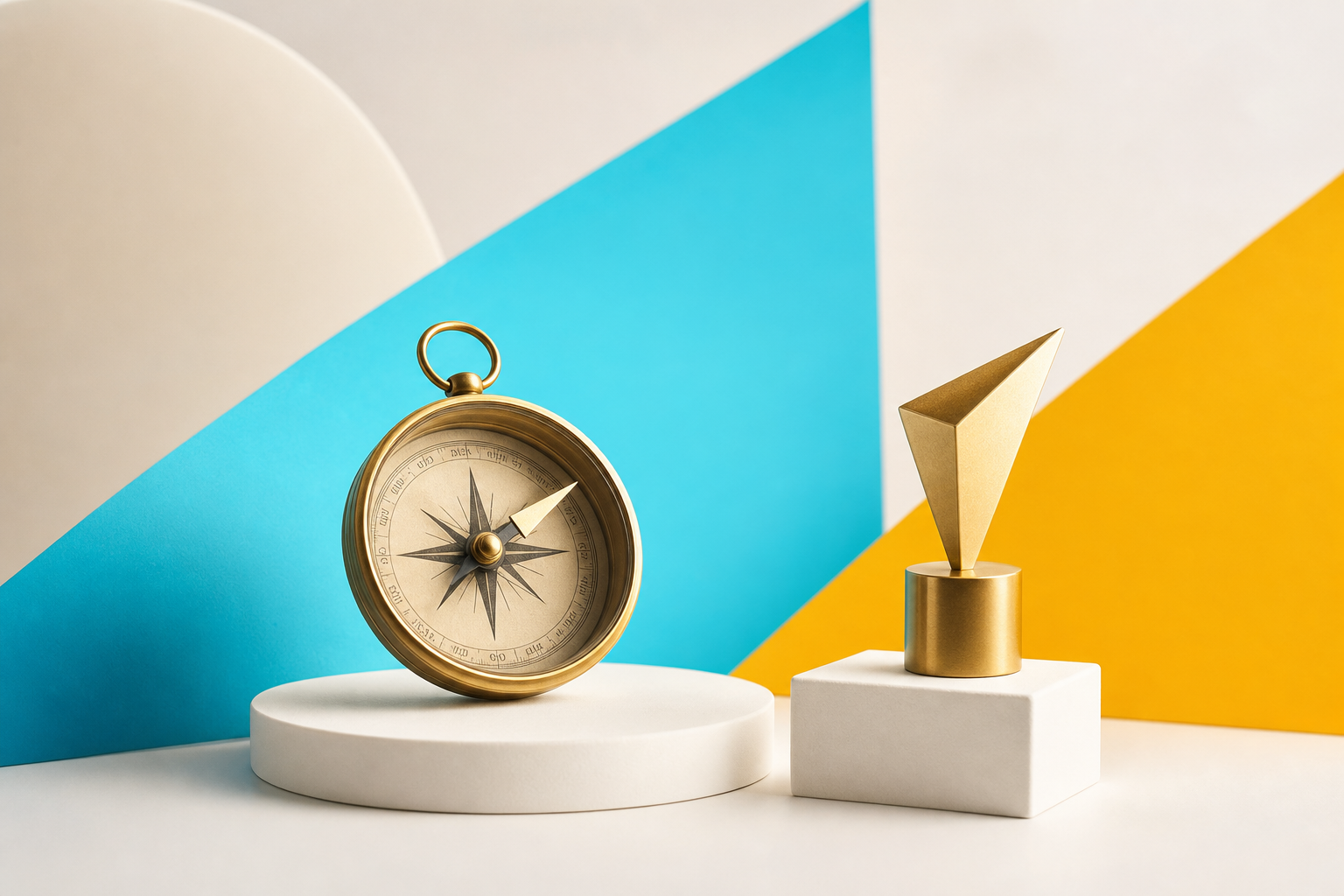 A compass and an award on bold geometric brand-coloured shapes